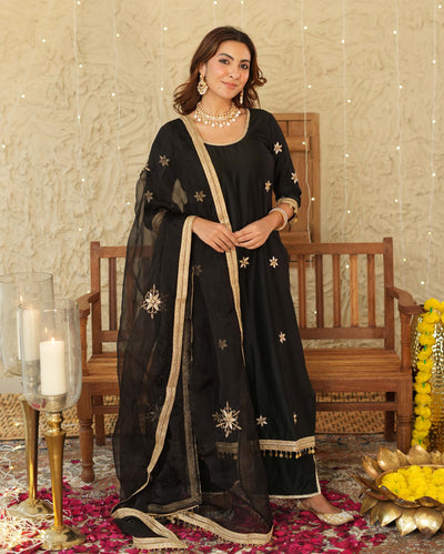 Vandana Black Embroidered Chanderi Suit Set