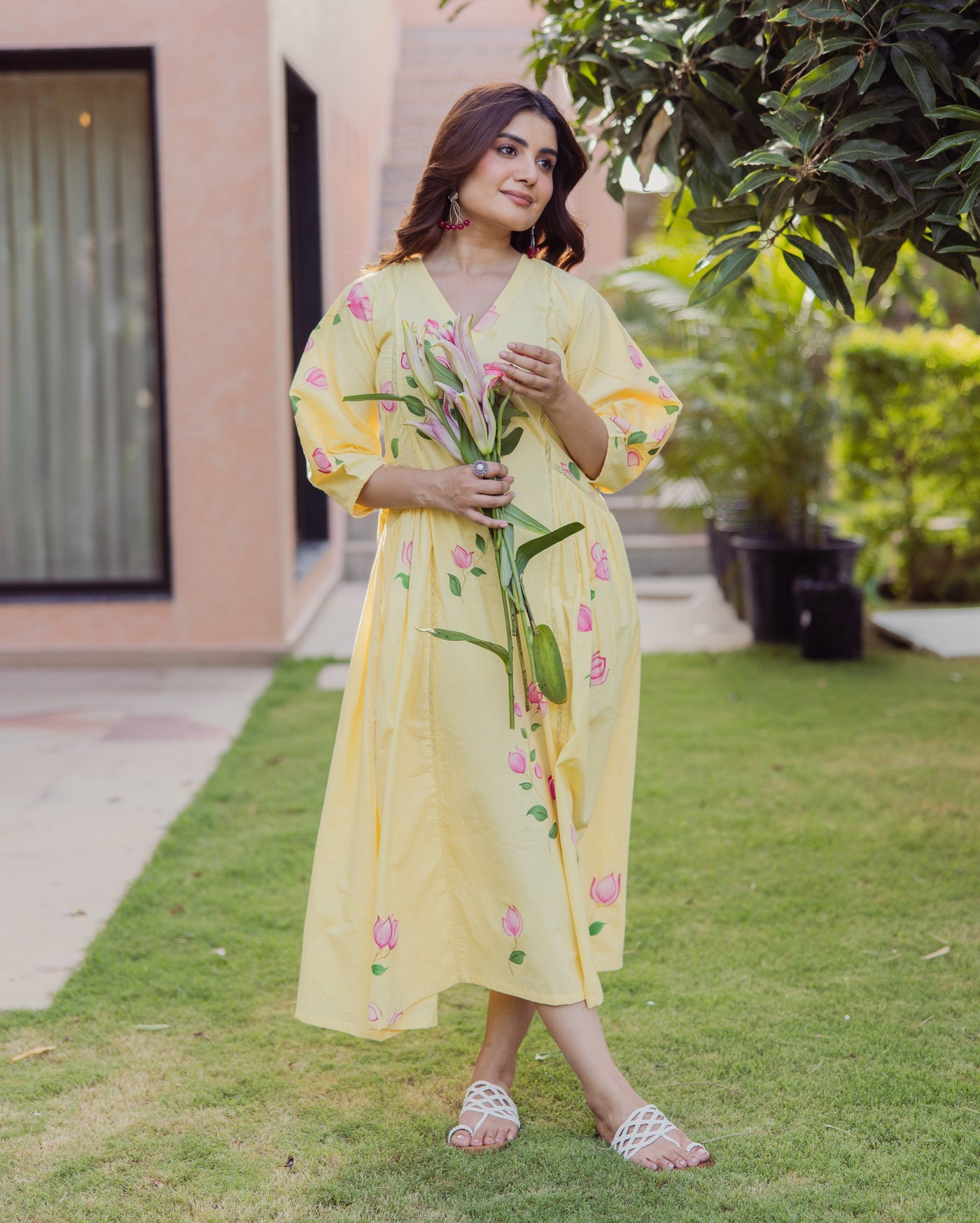 Kara Bloom Yellow Handpainted Cotton Dress