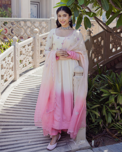 Giggly Rose Pink Ombre Embroidered Muslin Suit Set