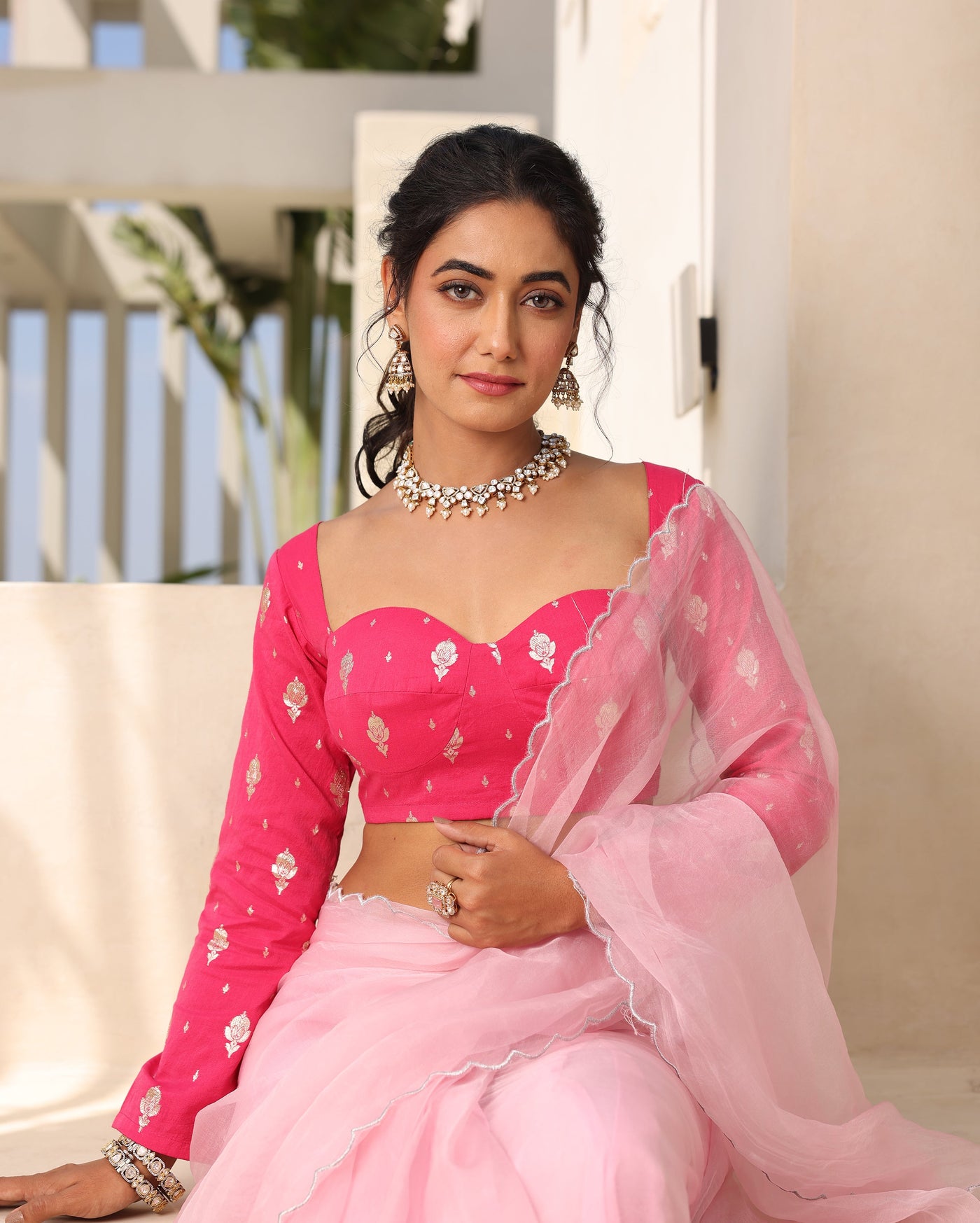 Zohra Pink Jacquard Blouse