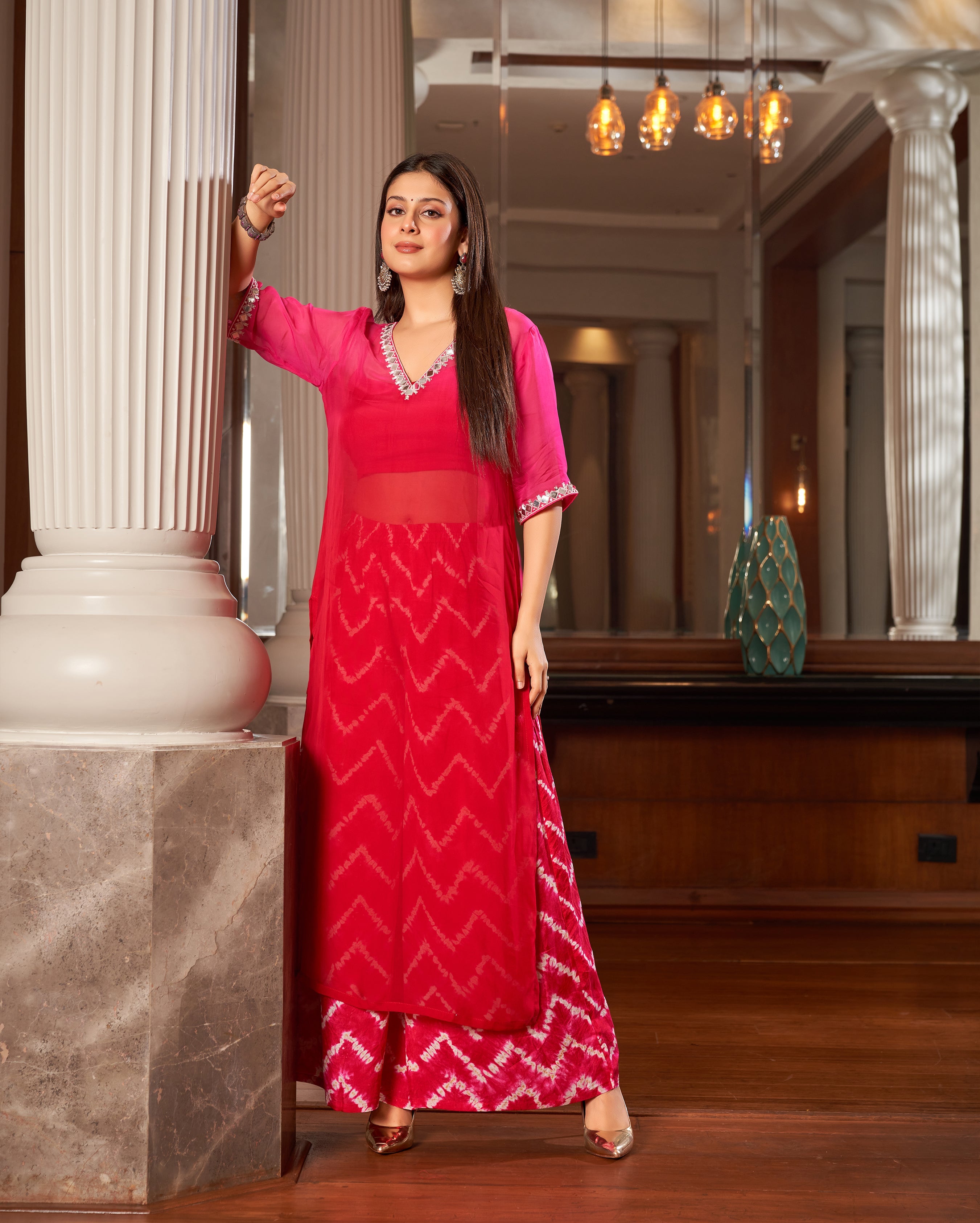 Pink Leheriya Kurta Sets