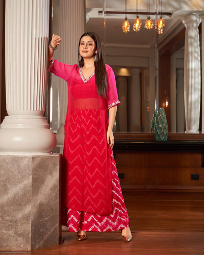 Arya Red Pink Ombre Leheriya Organza Kurta Set