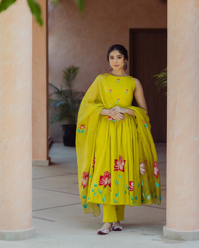 Sorbet Lime Green Handpainted Cotton Suit Set