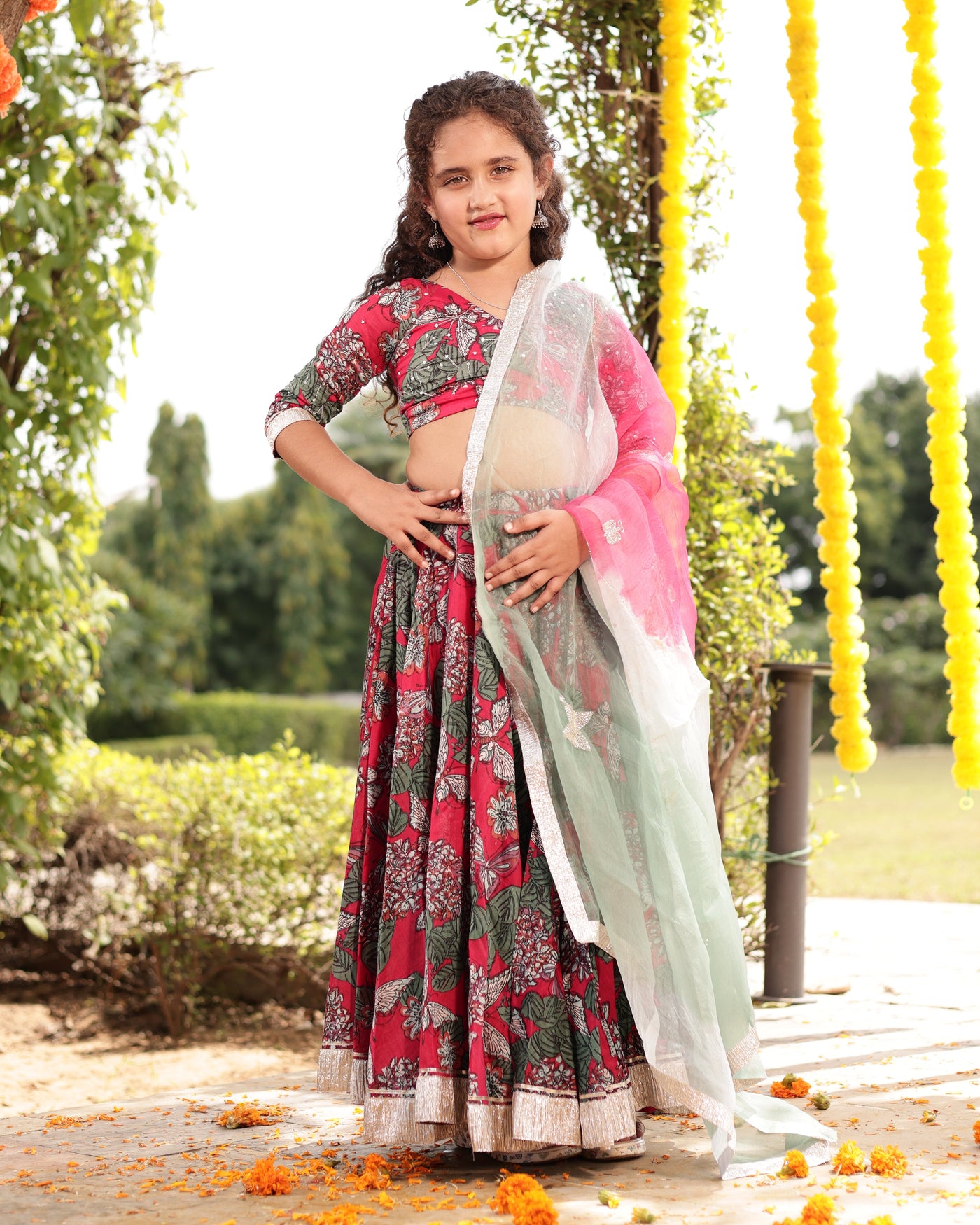 Frolic Red Printed Chanderi Lehenga Set