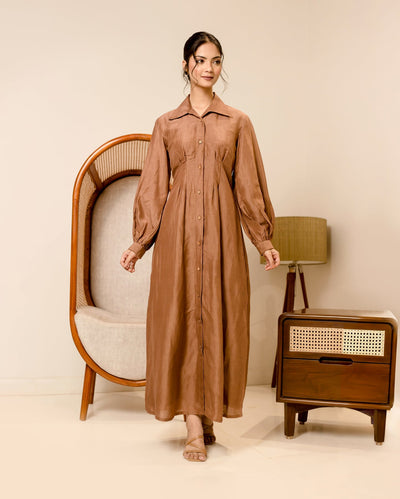 Supreme Brown Solid Cotton Shirt Dress