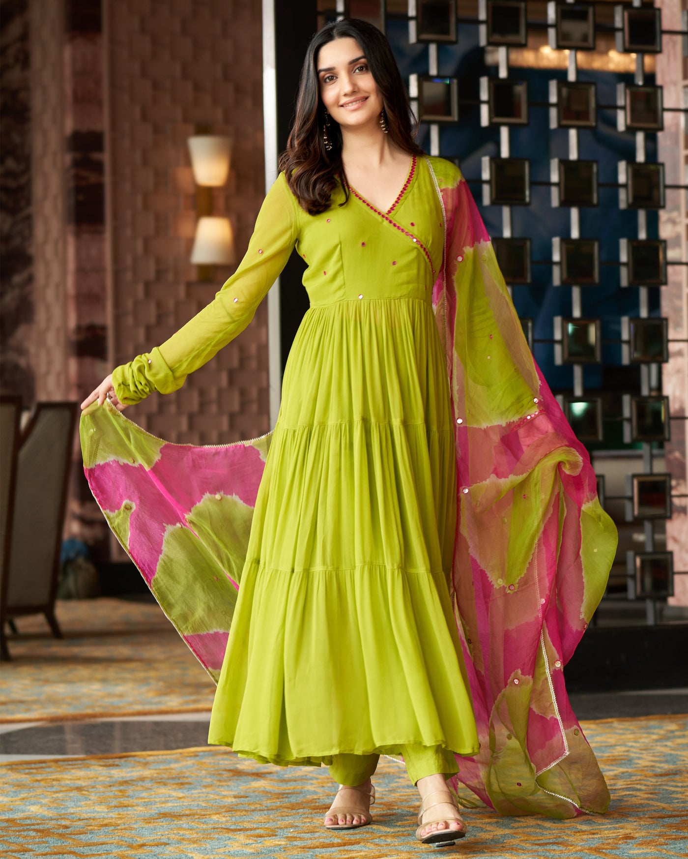 Leela Neon Green Embroidered Georgette Suit Set Leela Neon Green Embroidered Georgette Suit Set