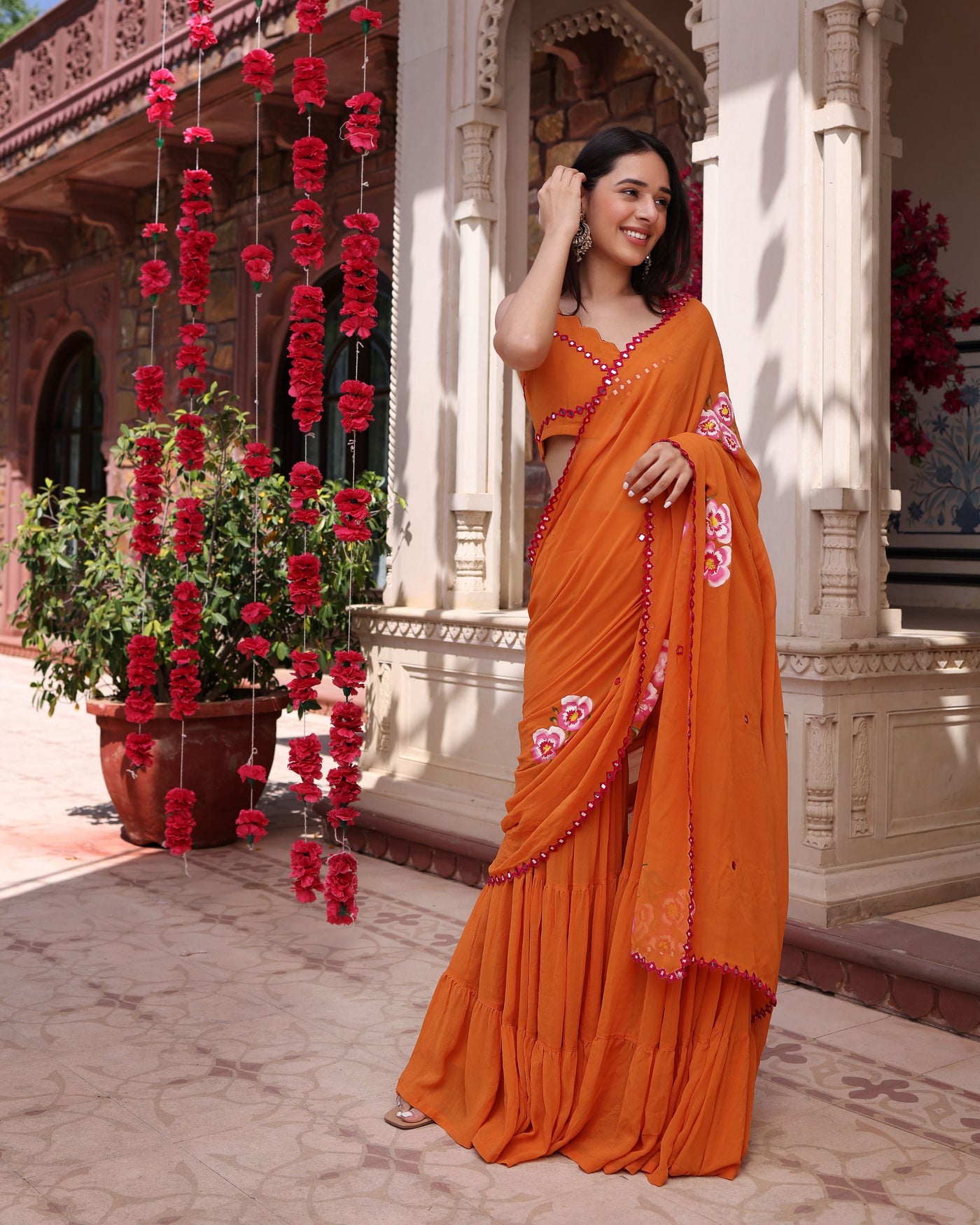 Coral Crush Orange Mirror Work Handpainted Georgette Pre Draped Saree