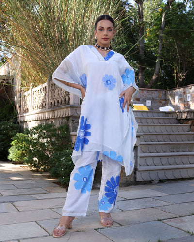 Oceanic Blue Floral Handpainted Silk Coord Set
