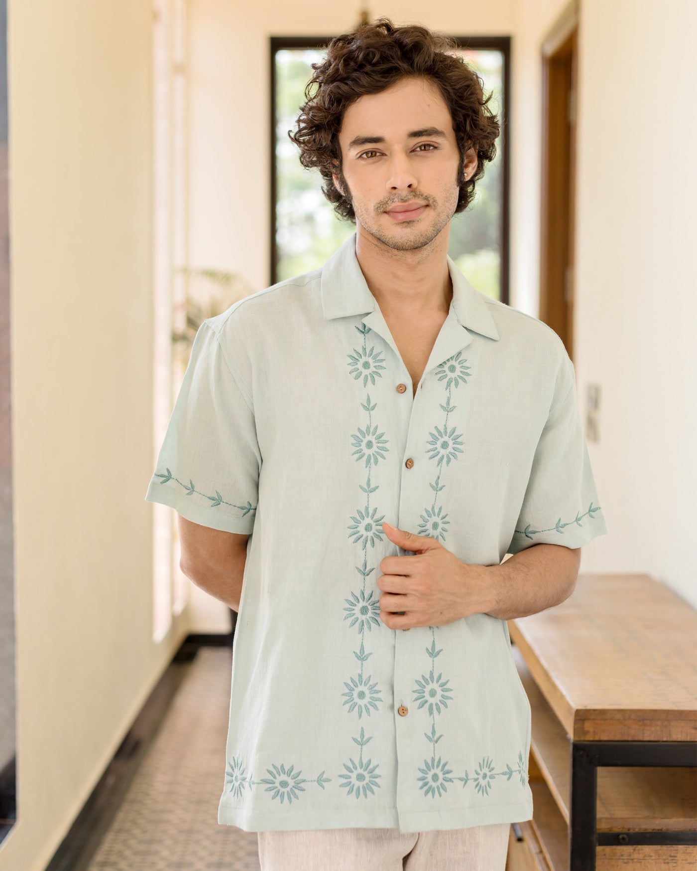 Drip Pastel Blue Embroidered Linen Shirt