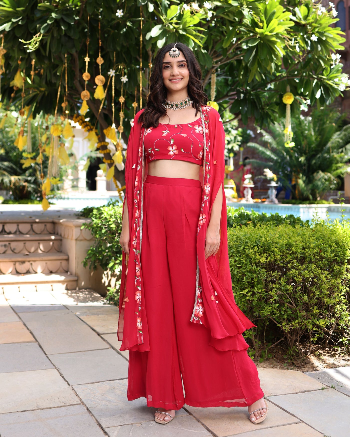 Hareeta Red Handpainted Georgette Coord Set