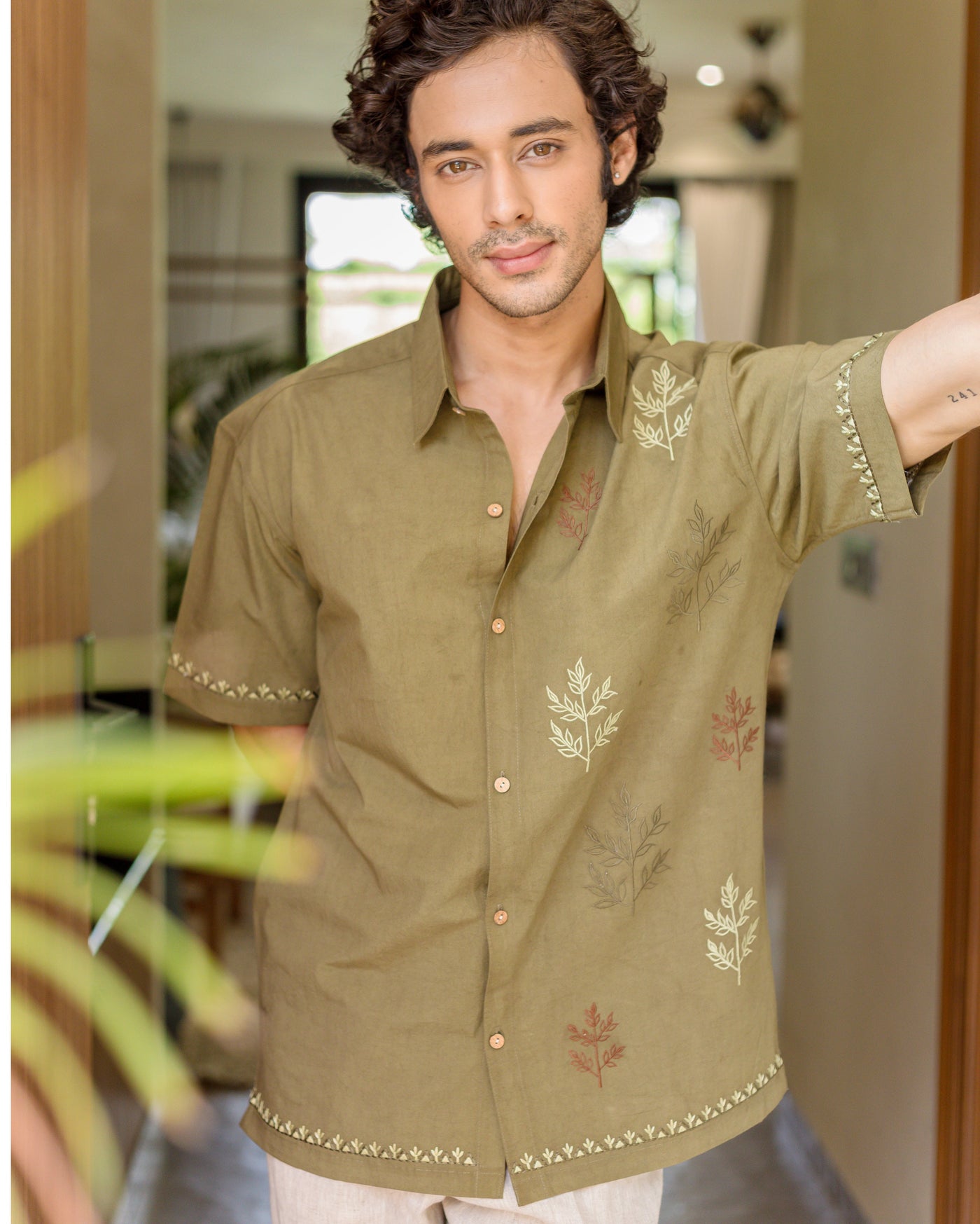 Dex Olive Embroidered Cotton Shirt