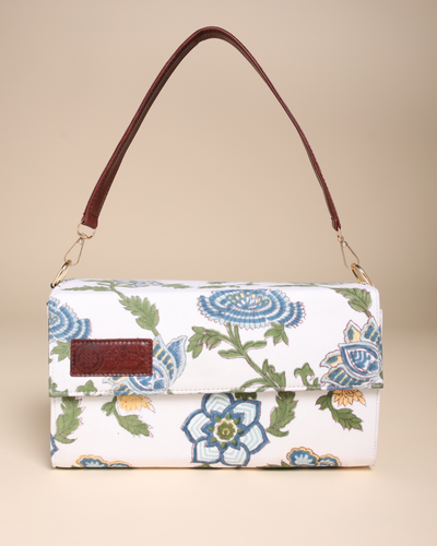 White Floral Handblock Printed Satchel Bag