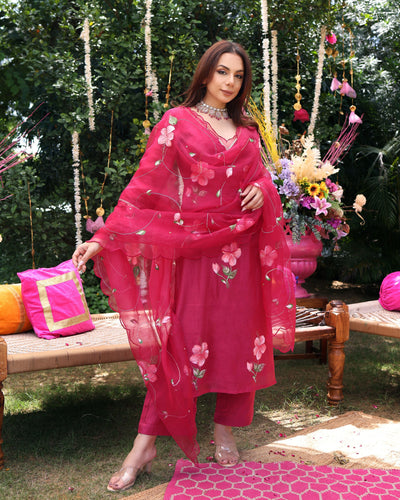 Berry Bliss Magenta Handpainted Chanderi Suit Set