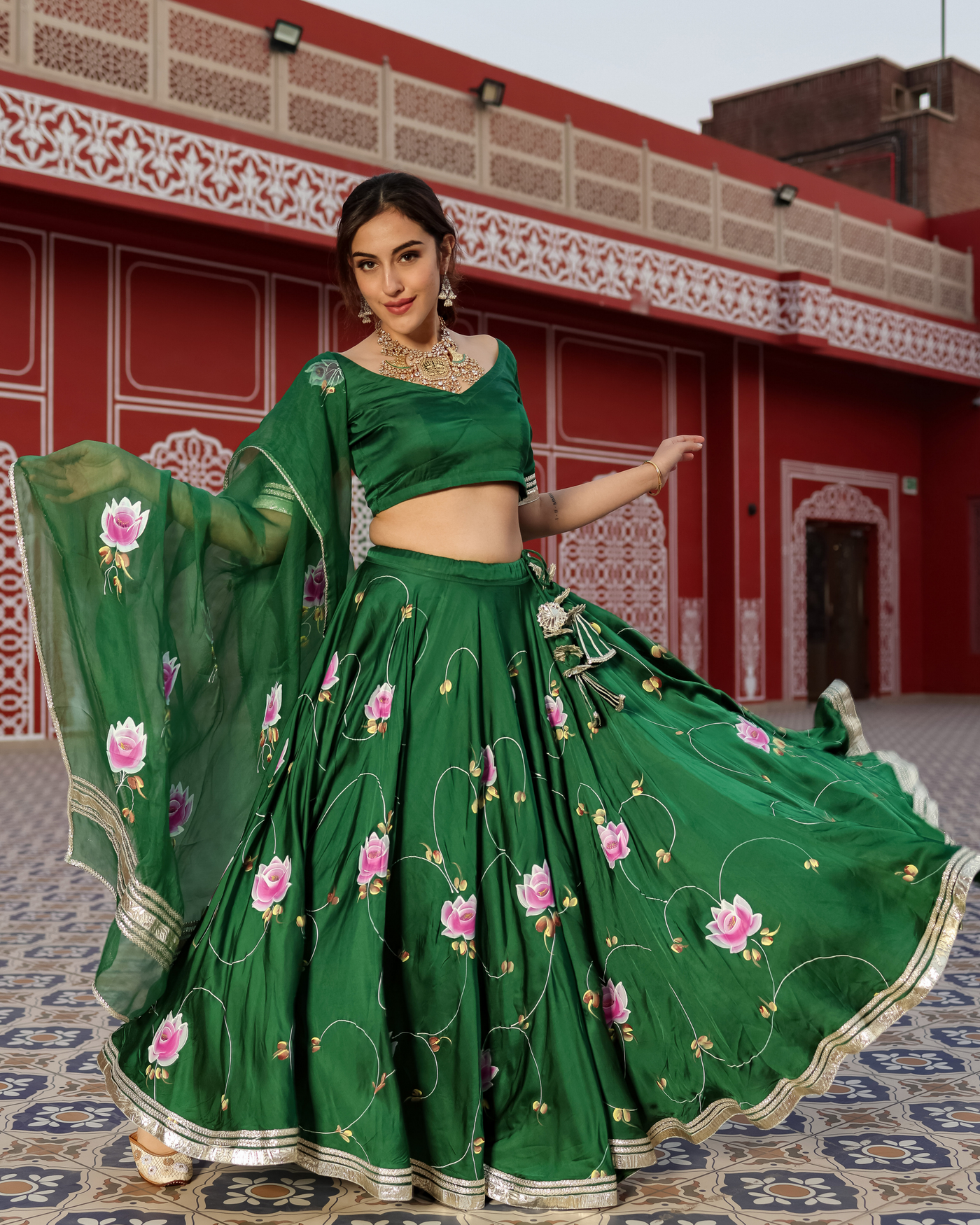 Formal Green Handpainted Lehenga Set