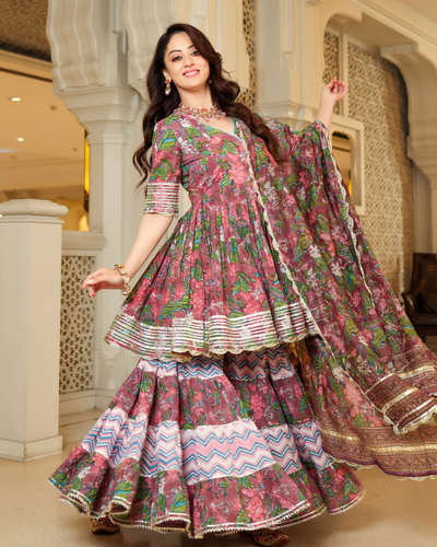 Multi Rose Handblock Sharara Set