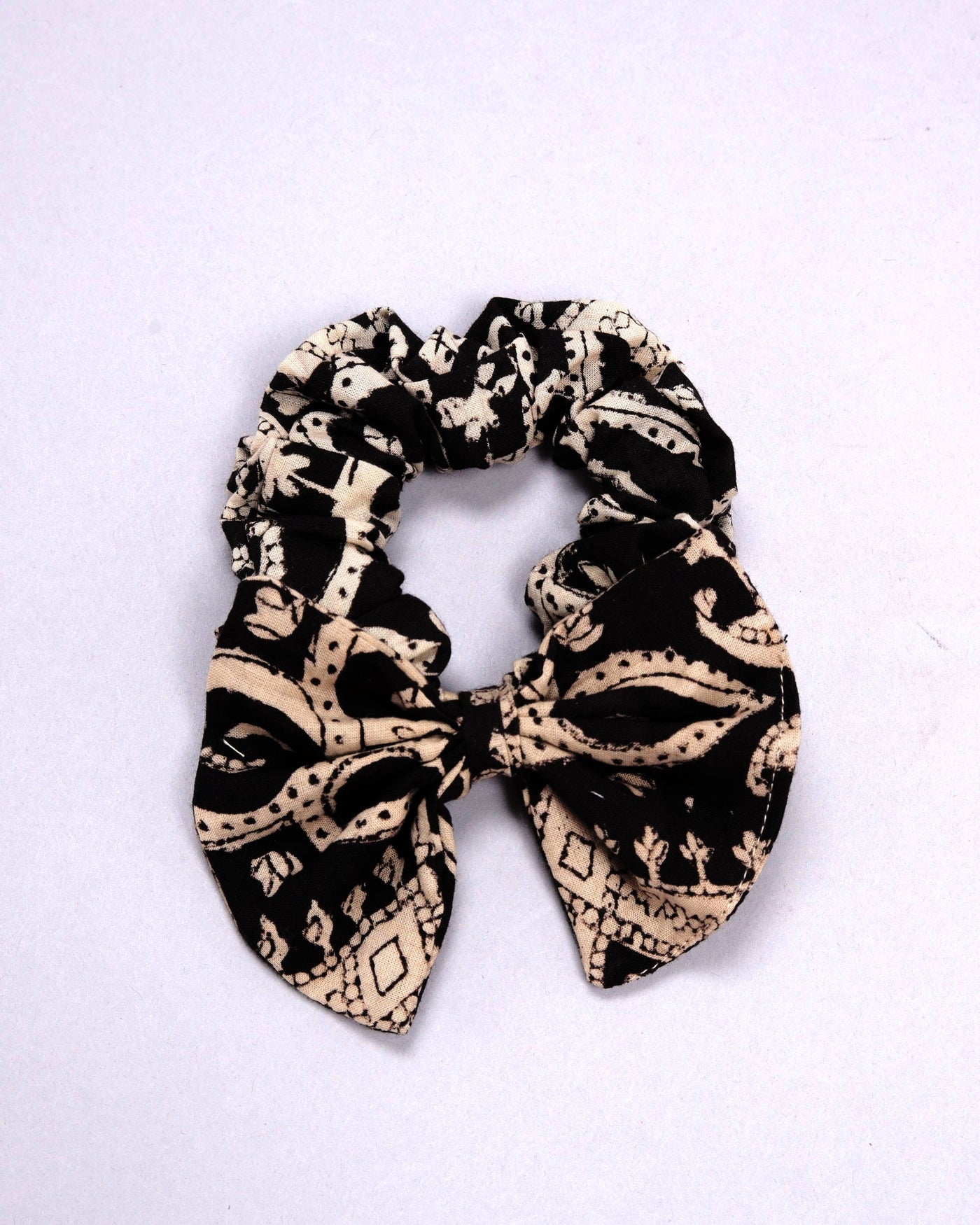 Pebble Black Handblock Bow Scrunchie
