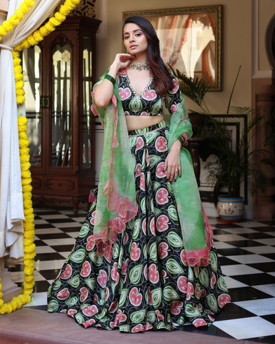 Blossom And Leaf Harmony Black Printed Satin Lehenga Set