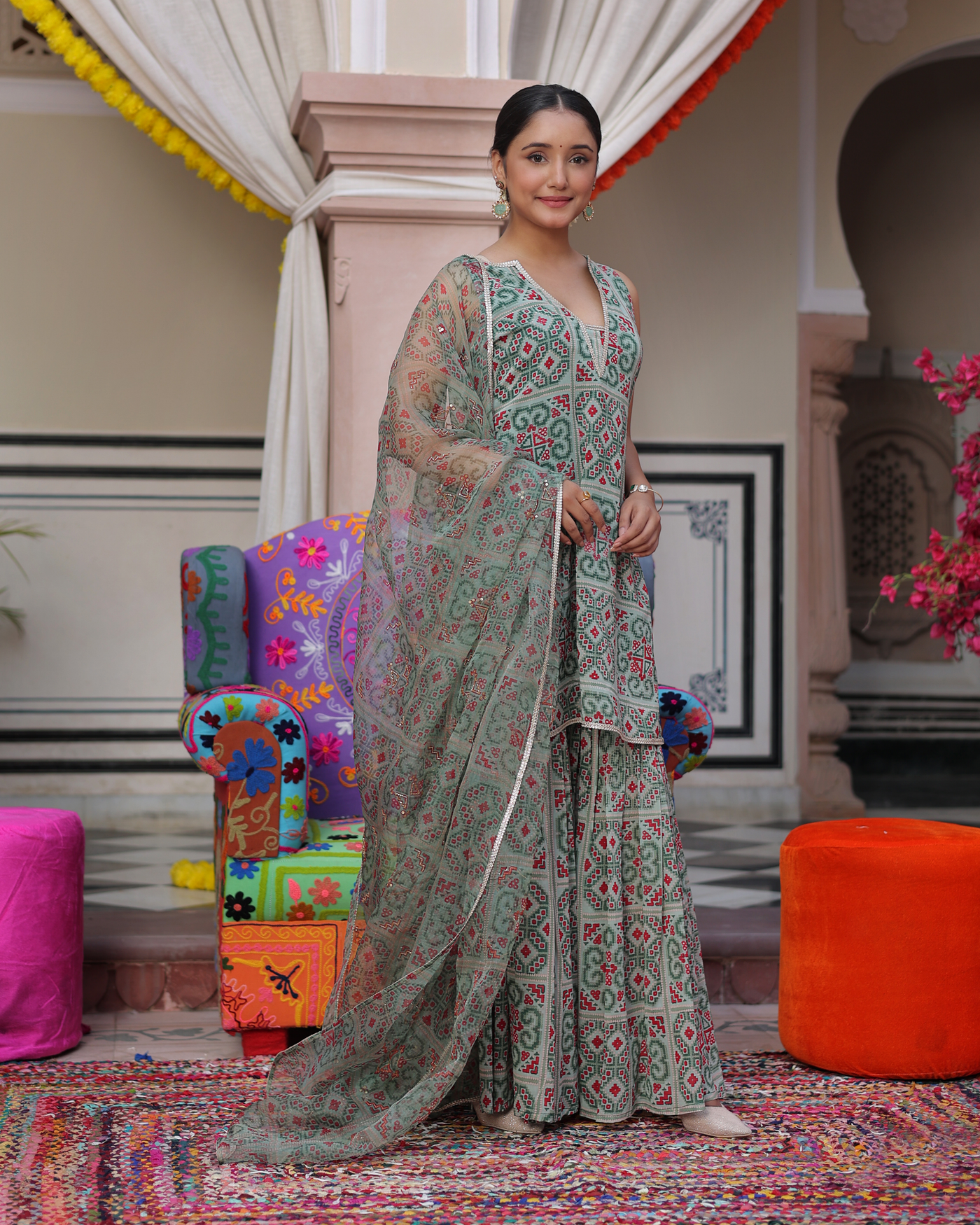 Mint Breeze Printed Georgette Sharara Set