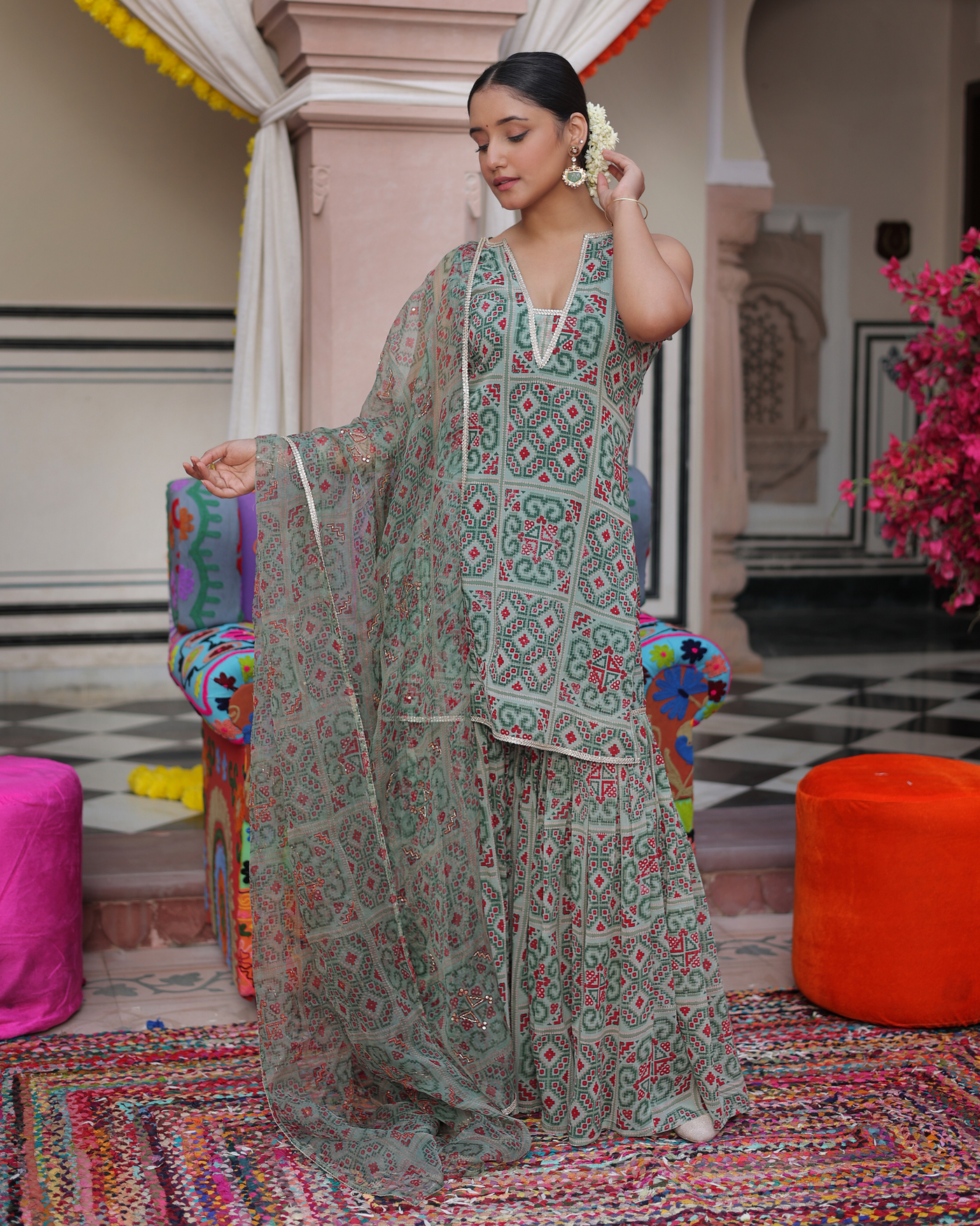 Mint Breeze Printed Georgette Sharara Set