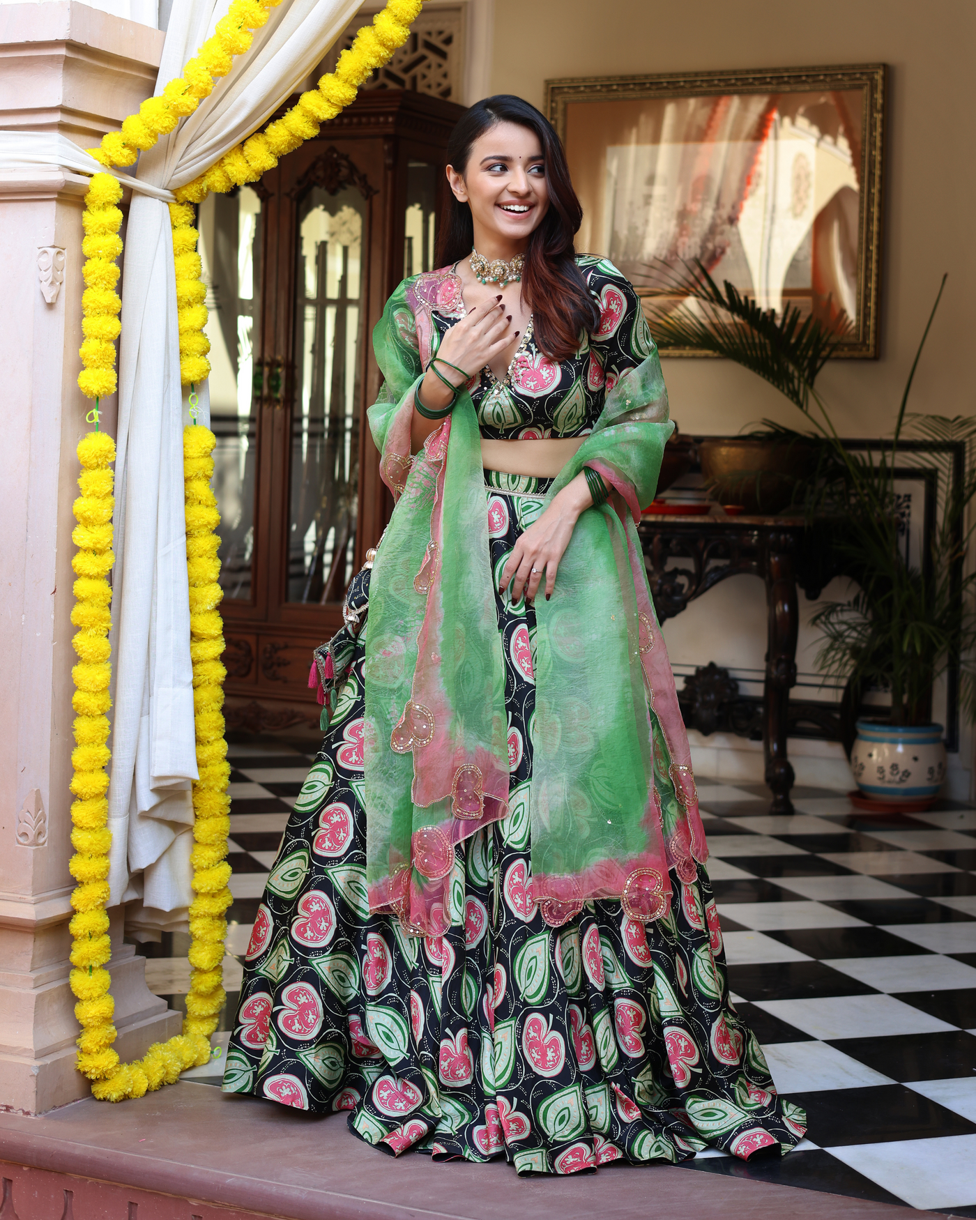 Blossom And Leaf Harmony Black Printed Satin Lehenga Set