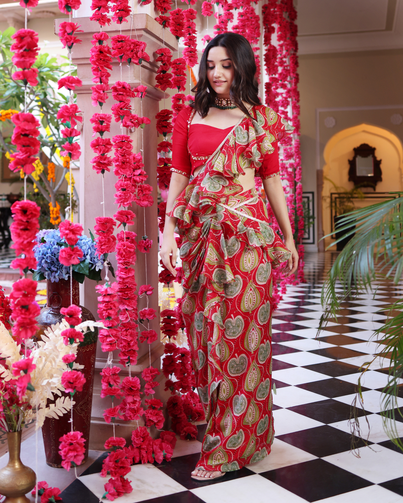 Ashen Red Bloom Printed Chinon Pre Draped Saree