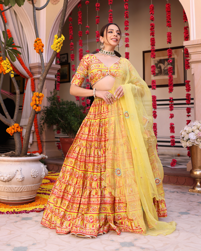 Sunshine Blooms Yellow Printed Satin Lehenga Set