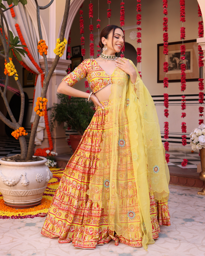 Sunshine Blooms Yellow Printed Satin Lehenga Set