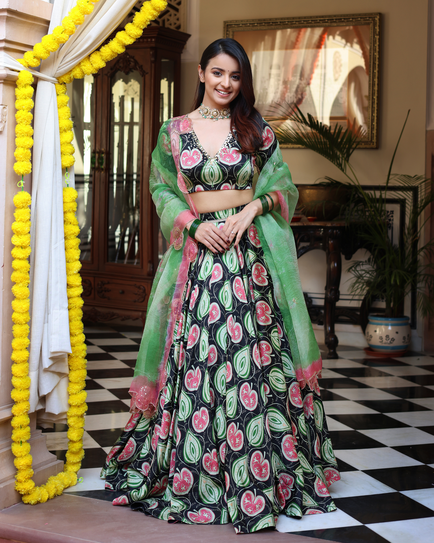 Blossom And Leaf Harmony Black Printed Satin Lehenga Set