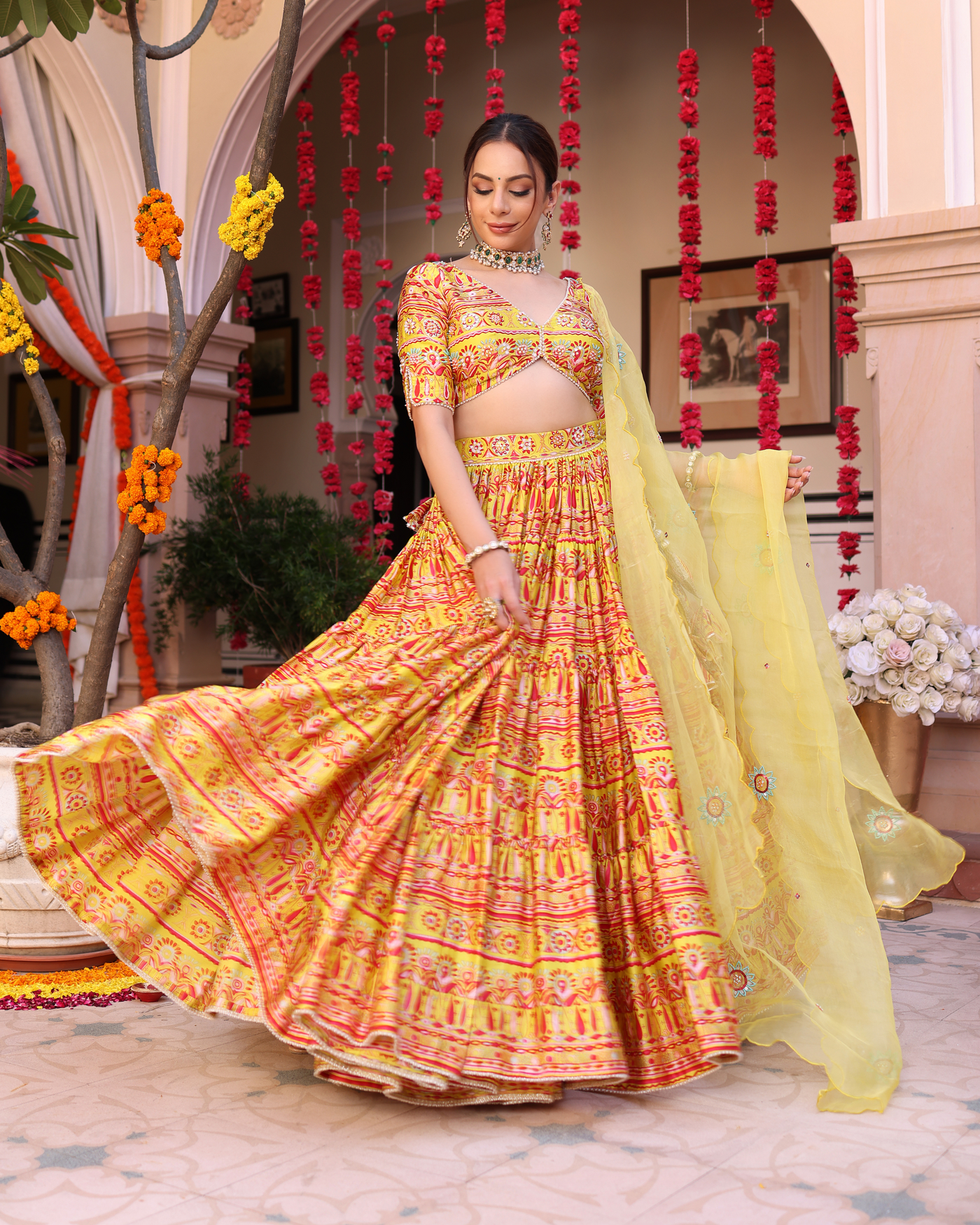 Sunshine Blooms Yellow Printed Satin Lehenga Set