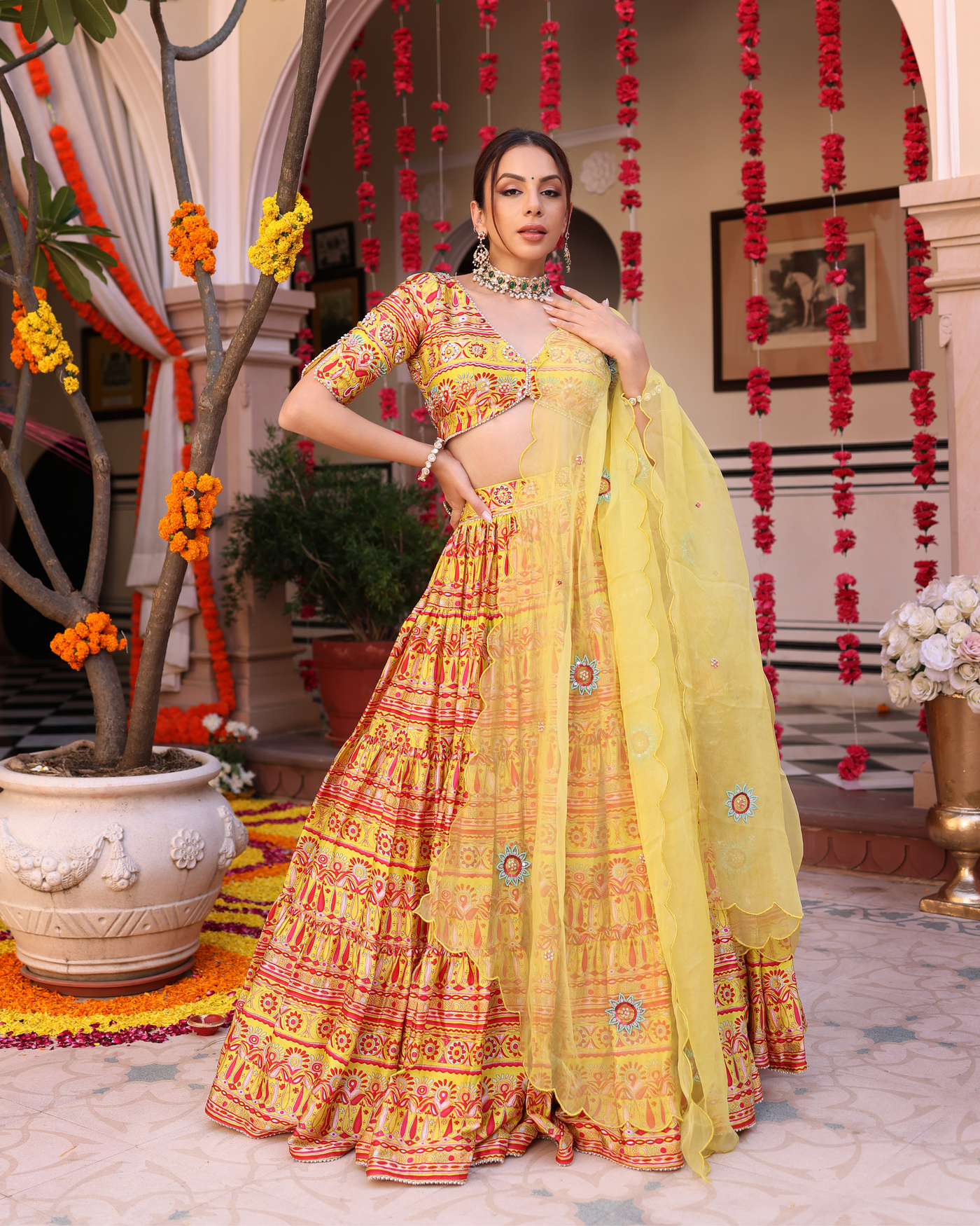 Sunshine Blooms Yellow Printed Satin Lehenga Set