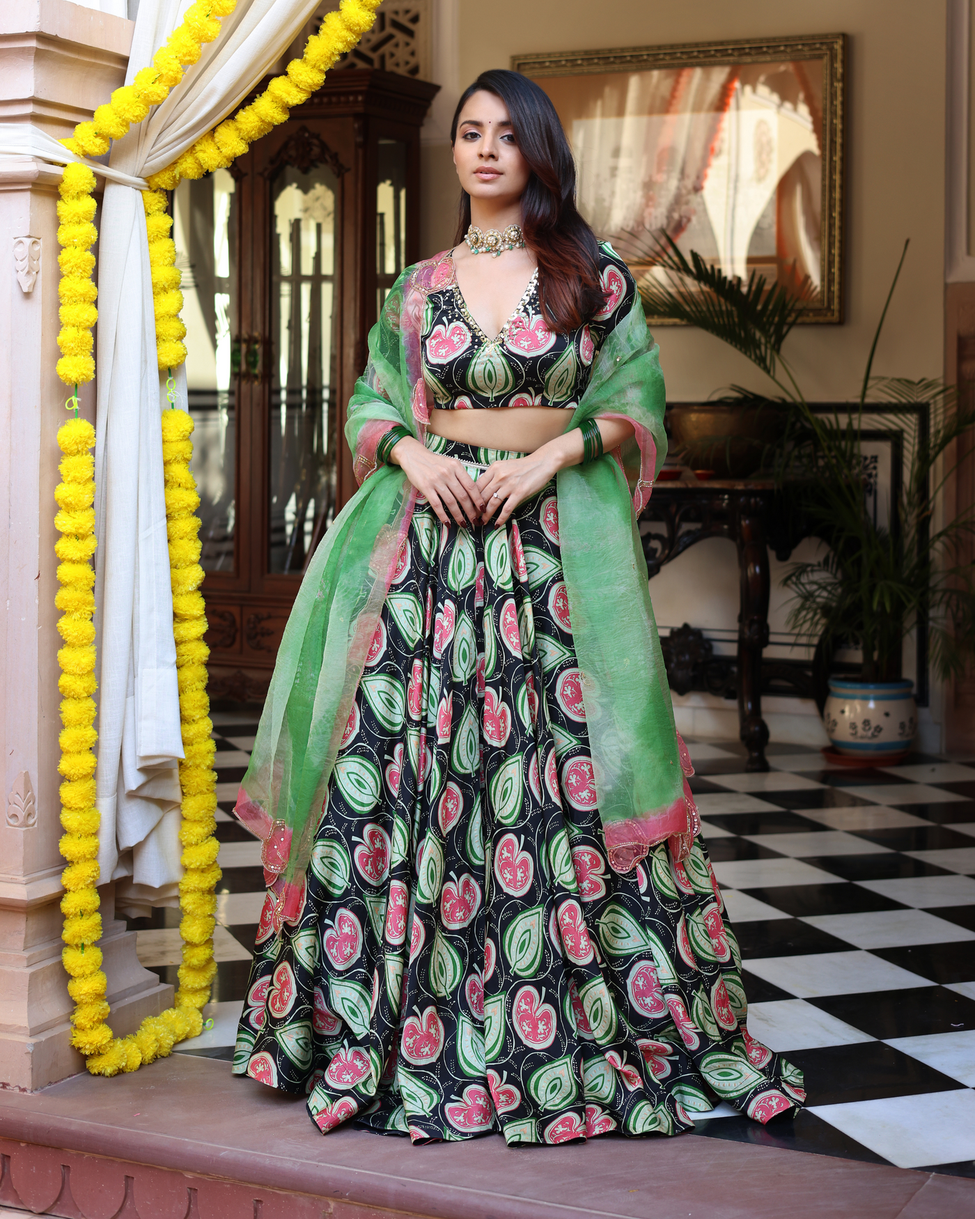 Blossom And Leaf Harmony Black Printed Satin Lehenga Set