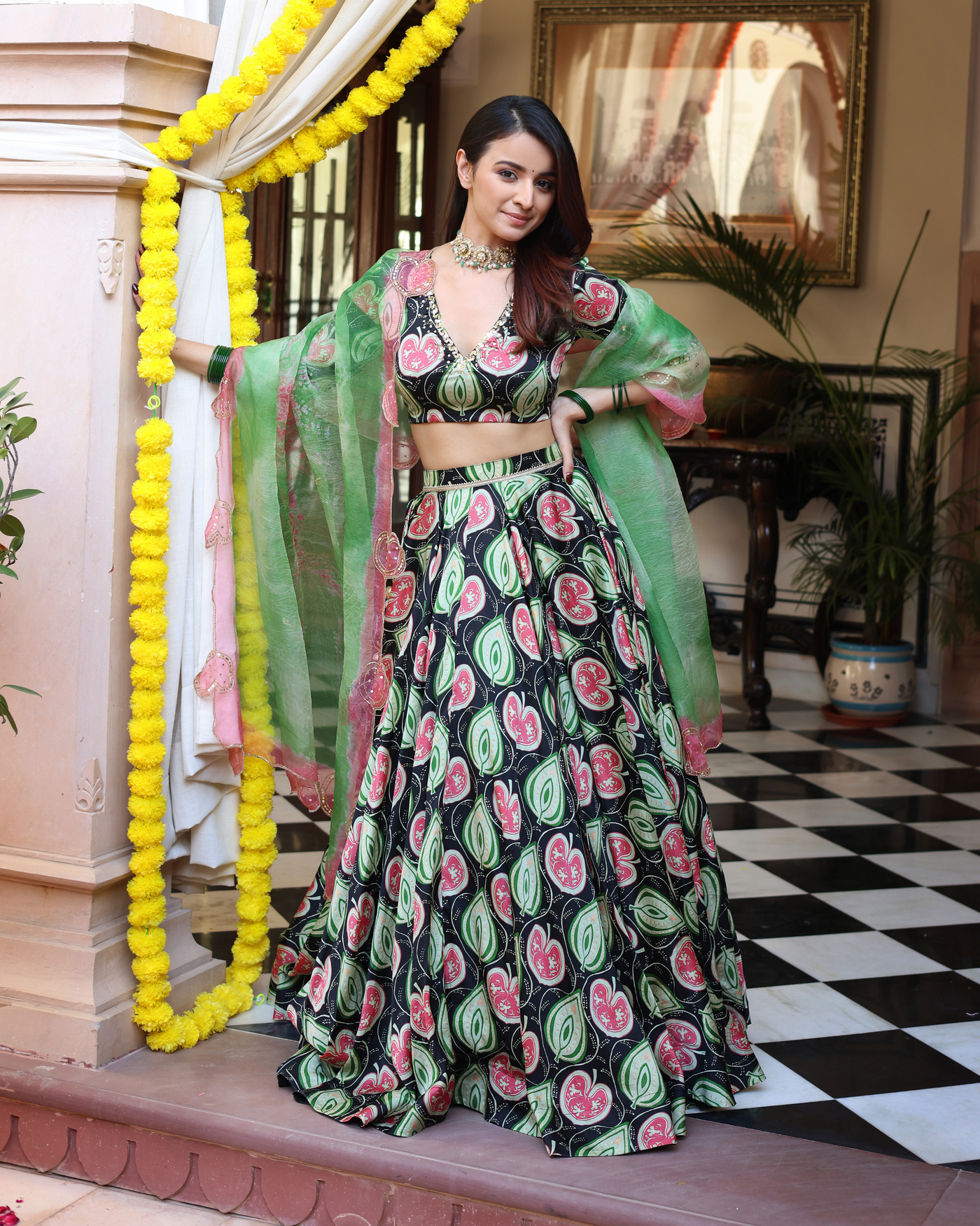 Blossom And Leaf Harmony Black Printed Satin Lehenga Set