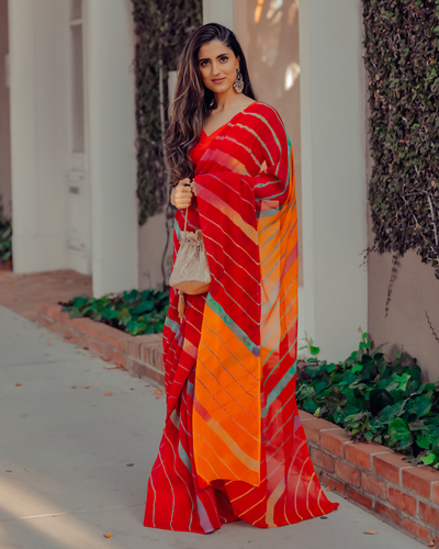 Jester Red Leheriya Pure Chiffon Saree