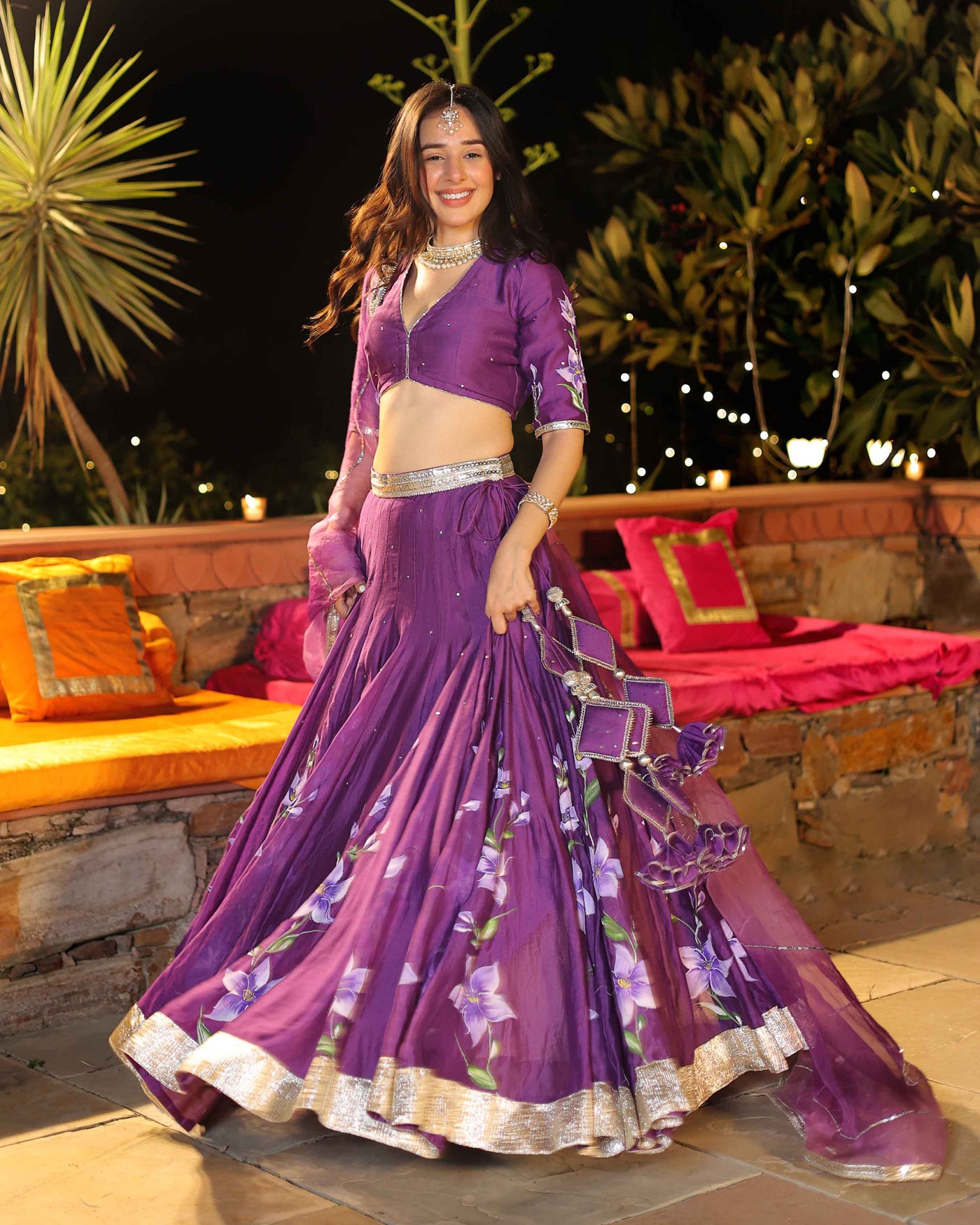 Purple Whisper Handpainted Chanderi Lehenga Set