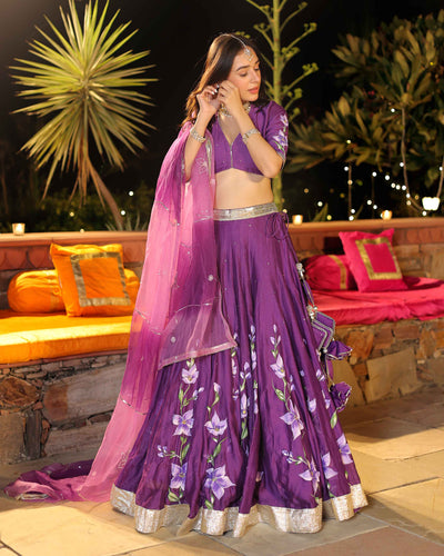 Purple Whisper Handpainted Chanderi Lehenga Set