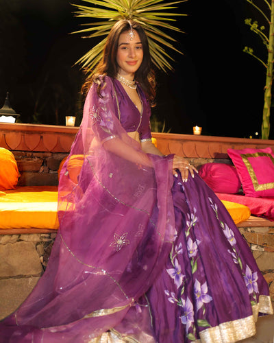 Purple Whisper Handpainted Chanderi Lehenga Set