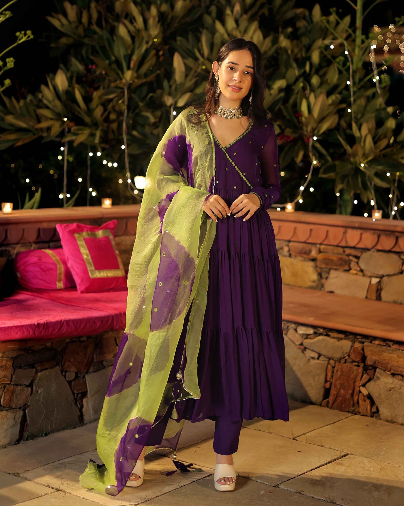 Mystic Mirage Purple Mirror Work Georgette Suit Set