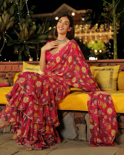 Roseate Radiance Pink Printed Georgette Pre Draped Saree