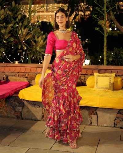 Roseate Radiance Pink Printed Georgette Pre Draped Saree