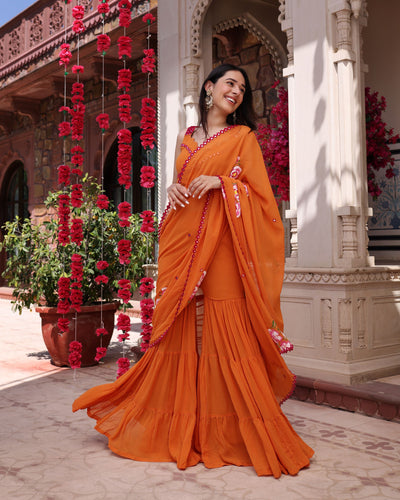 Coral Crush Orange Mirror Work Handpainted Georgette Pre Draped Saree