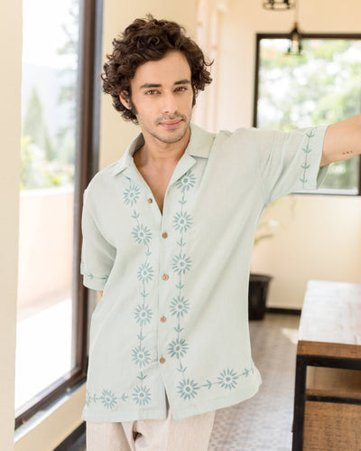 Drip Pastel Blue Embroidered Linen Shirt