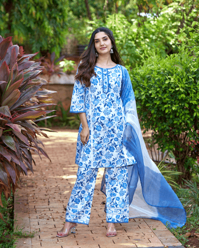 Fresh Blue Printed Cotton Suit Set