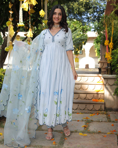 Blue Blossom Handpainted Cotton Silk Suit Set