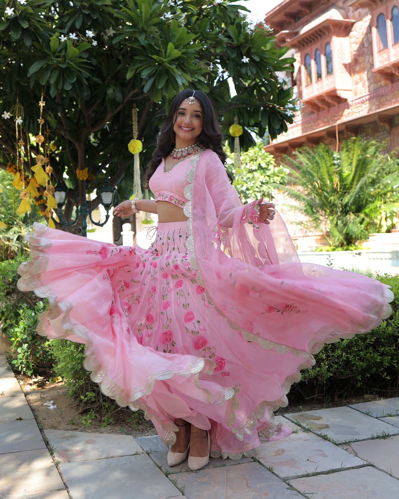 Dewberry Pink Handpainted Chanderi Lehenga Set