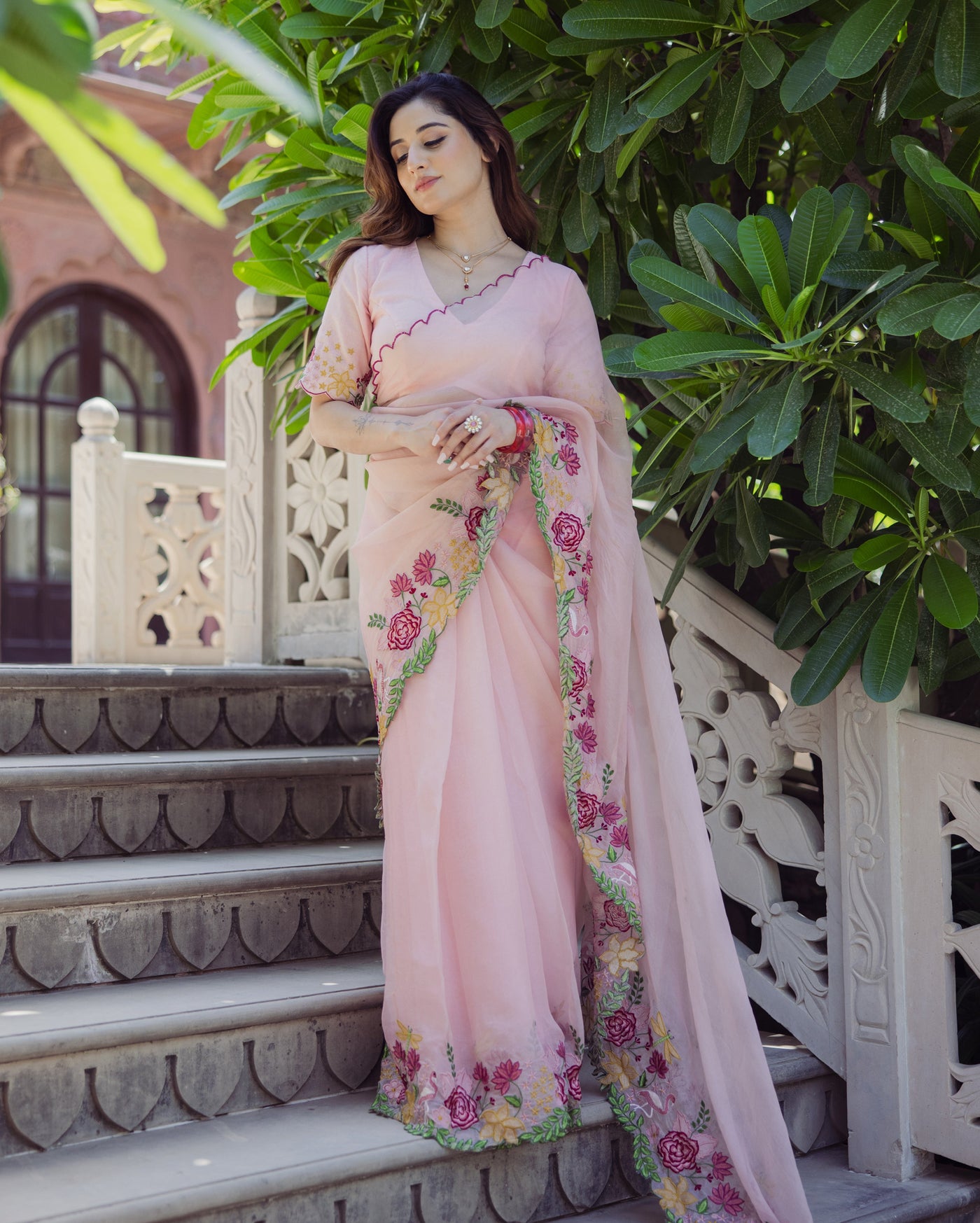 Posh Peach Embroidered Organza Saree