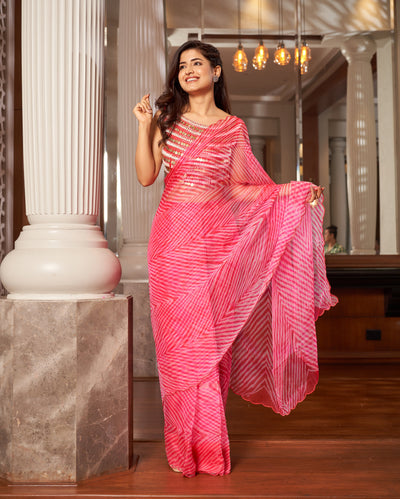 Advait Pink Leheriya Organza Pre Draped Saree