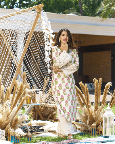 Ravishing Cream Printed Cotton Kurta Set