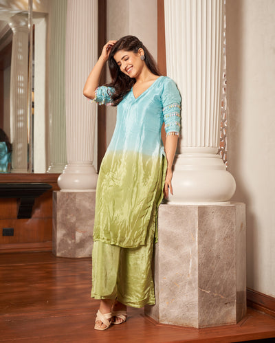 Matsya Blue Green Ombre Silk Kurta Set