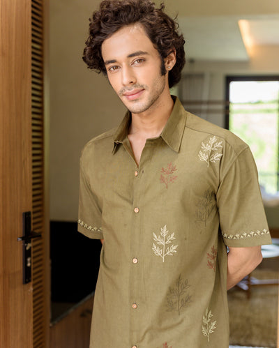 Dex Olive Embroidered Cotton Shirt