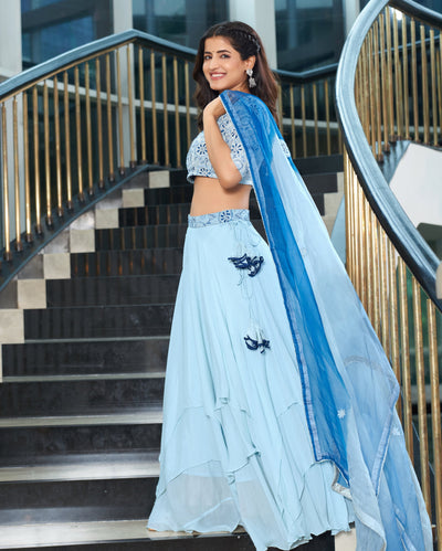 Riwaaz Pastel Blue Embroidered Chinon Lehenga Set